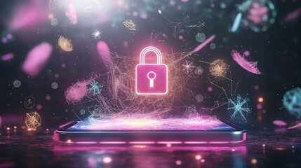 3D digital lock icon with bright neon outlines, protecting sensitive business and financial data stored on a secure digital device in a dark tech-based environment with encryption symbols