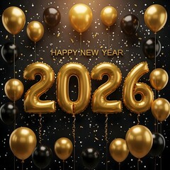 Golden 2026 balloons celebrate happy new year with confetti