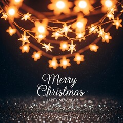 Sparkling star shaped christmas lights and glittering snow background