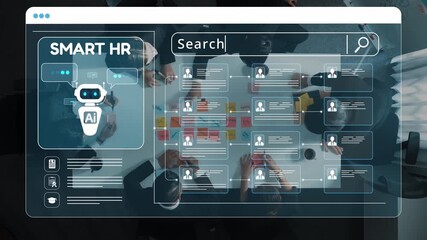 Explore the innovative use of AI in human resources with a modern interface used for efficient recruitment and candidate management in a collaborative office setting. Raster