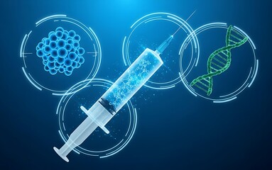 Advanced Biotechnology Concept Showing Syringe Delivery System With DNA Helix Structure And Cluster Of Regenerative Cells Representing Genomics Research And Modern Medical Treatment On A Fut