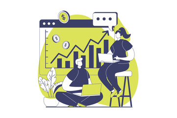 Business activities web concept with flat people for website design. Businessman and businesswoman analyzing graph with growth trend, developing project and creating strategy. Vector illustration.