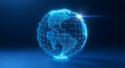 Abstract Digital Earth Globe Rotating with Bright Blue Network Connections and Grid Lines Representing Global Data Communication and Modern Technology Against a Dark Blue Background
