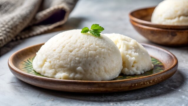 Neatly shaped ugali with a firm texture on rustic plate presents traditional dish, offering delightful experience. Neatly shaped ugali is an authentic staple food made with maize flour.