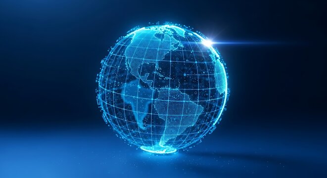 Abstract Digital Earth Globe Rotating with Bright Blue Network Connections and Grid Lines Representing Global Data Communication and Modern Technology Against a Dark Blue Background