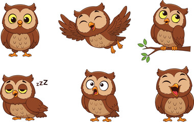 Cute cartoon owl character set with flying, sleeping, laughing and surprised expressions, adorable woodland bird illustration for children, flat vector illustration