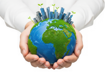 Hands holding a miniature green earth skyscrapers plants, isolated on transparent background