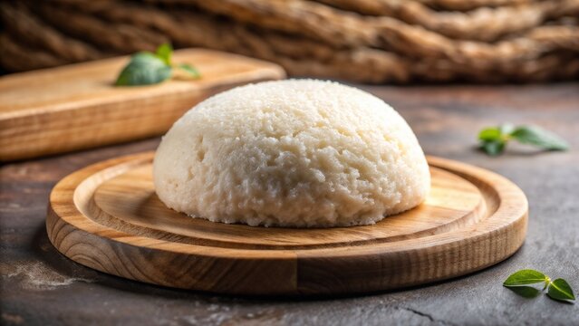 Simple ugali round, traditionally served, on wooden board with natural lighting for an authentic presentation. Enjoy simple ugali round, highlighting its texture and appearance.
