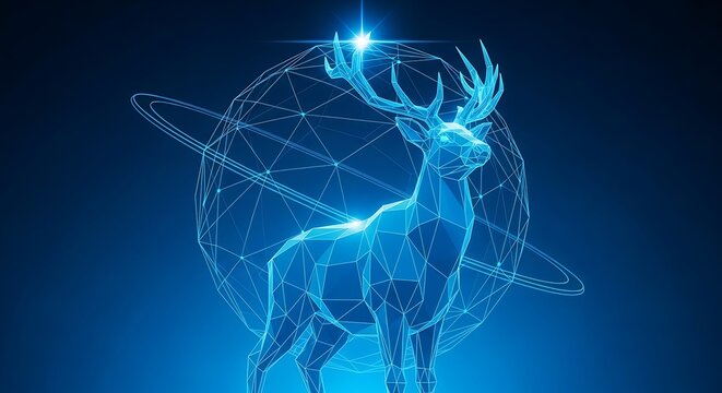 Glowing Blue Wireframe Stag Deer Digital Model Standing Proudly Against a Geodesic Sphere Network Background Representing Advanced Data Technology and Futuristic Design