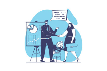 Business meeting web concept with flat people for website design. Businessman and businesswoman handshake, negotiation and contract discussion, investing in company development. Vector illustration.