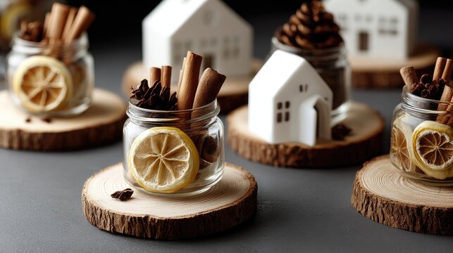 Cozy scene features small jars with spices and dried lemon slices alongside tiny white houses on wooden coasters, perfect for winter