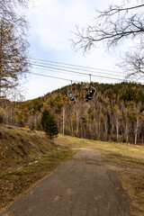 A forest trail and people on ski lift chairs glide above an autumn forest, with golden birch and evergreen trees. Outdoor adventure and seasonal travel.