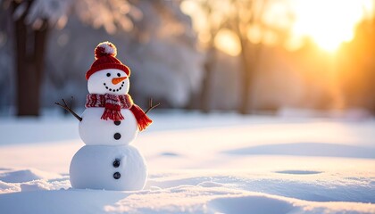 Charming snowman basking in the warm glow of winter sunset.