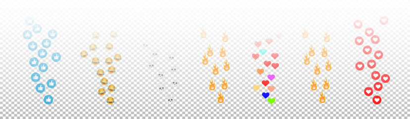 Like icons flying up for live streams. Emoticons. Social media reactions Smile fire poop Funny faces Emoji. Vector © YURII