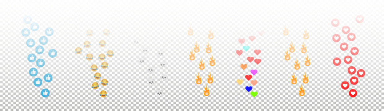 Like icons flying up for live streams. Emoticons. Social media reactions Smile fire poop Funny faces Emoji. Vector