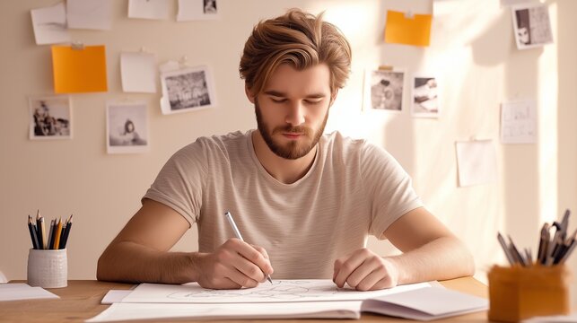 young creative professional leaning over a drafting table, sketching ideas on a large sheet of paper, surrounded by pencils, markers, and inspirational photos taped to the wall