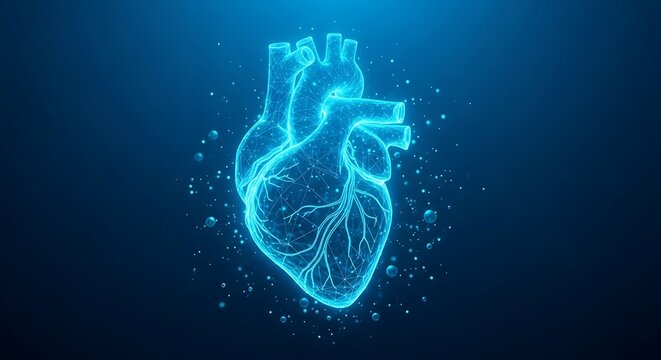 Advanced Digital Human Heart Wireframe Model Glowing Neon Blue With Connective Lines And Floating Particles Illustrating Modern Cardiology Technology Medical Data Analysis Scientific Researc