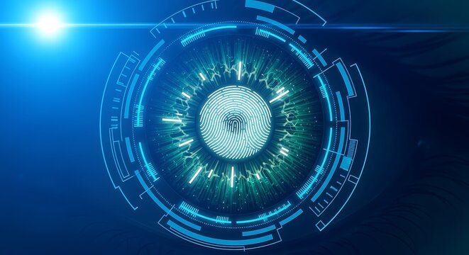 Advanced Digital Biometric Authentication System Showing a Glowing Fingerprint Pattern Centered Within a High-Tech Iris Scan Interface for Secure Access and Identity Verification