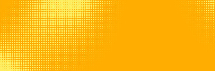 Yellow halftone pattern. Retro comic gradient background. Bright orange pixelated dotted texture overlay. Cartoon pop art faded gradient pattern. Vector backdrop for poster, banner. Modern