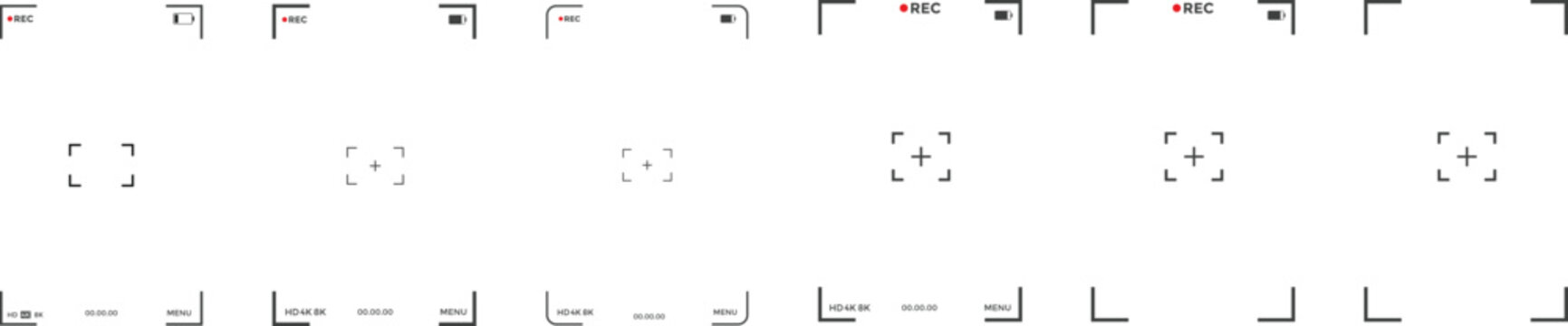 Camera Viewfinder Screen and Photography Interface icon Set. Video Recording Frame and Shutter Screen symbols. Digital Camera Display sign