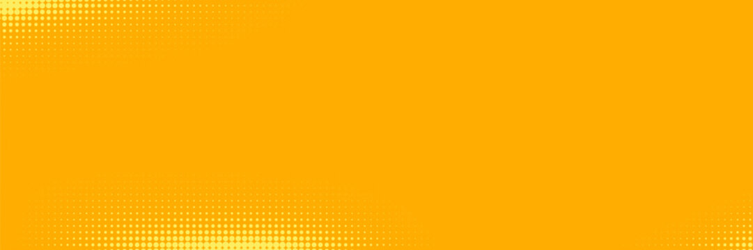 Yellow halftone pattern. Retro comic gradient background. Bright orange pixelated dotted texture overlay. Cartoon pop art faded gradient pattern. Vector backdrop for poster, banner. Modern