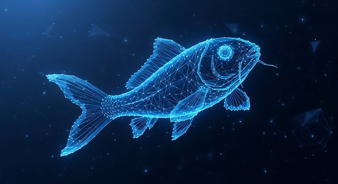 Futuristic Blue Wireframe Digital Fish Rendered in Plexus Style Floating Against a Deep Dark Blue Background Illustrating Big Data Analysis and Advanced Artificial Intelligence Concepts - Powered by Adobe