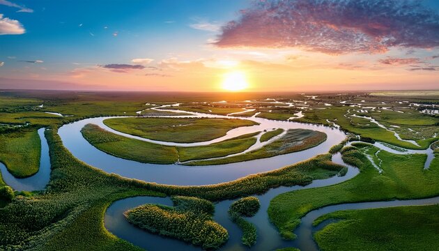 A Peaceful River Delta With Winding Waterways Surrounded By Lush Green Marshland Under A Vibrant Sunset Sky