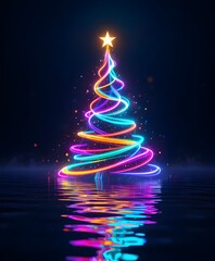 "Vibrant Abstract Christmas Tree with Colorful Light Trails and Glowing Star Reflected in Water"