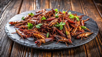 Crispy chapulines or grasshoppers, traditional snack served on stone plate, culinary delight. Crispy chapulines are an interesting culinary snack from central america.