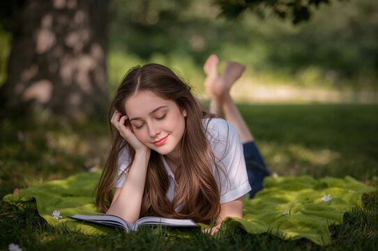 Daydreaming reader resting in dappled sunlight beneath whispering trees and wildflowers