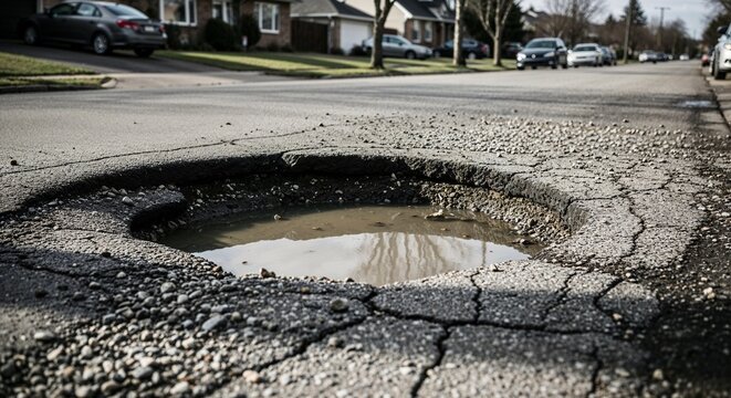 Pothole in residential street with cracked pavement and water reflection  