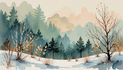 A captivating watercolor painting of a snowy winter landscape mountains artwork tranquil nature scenic view