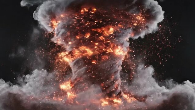 fiery tornado of smoke and glowing sparks in a dark environment, an intense abstract cgi visual effect representing destruction, power, and dynamic energy for vfx and motion graphics projects