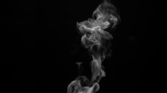 Vapor from the Surface of Hot Coffee. White steam rises light, graceful twists on a black background. The jet lifted out of the cup of hot water. 