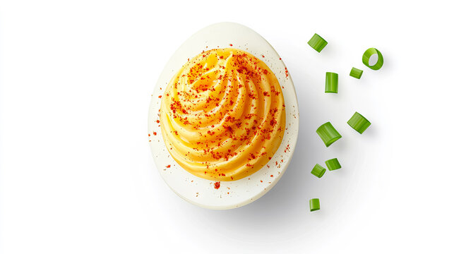 Deviled egg half garnished with paprika and chopped chives on white background with copy space for National Deviled Egg Day