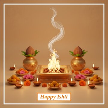Sacred fire ceremony with offerings and lamps for diwali celebration