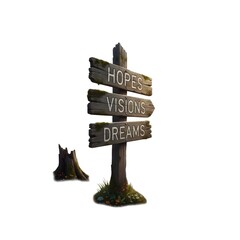 hopes visions dreams text engraved on wooden signpost outdoors in nature. Panorama fomate