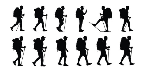 Collection of silhouettes of hikers with backpacks and trekking poles in various poses