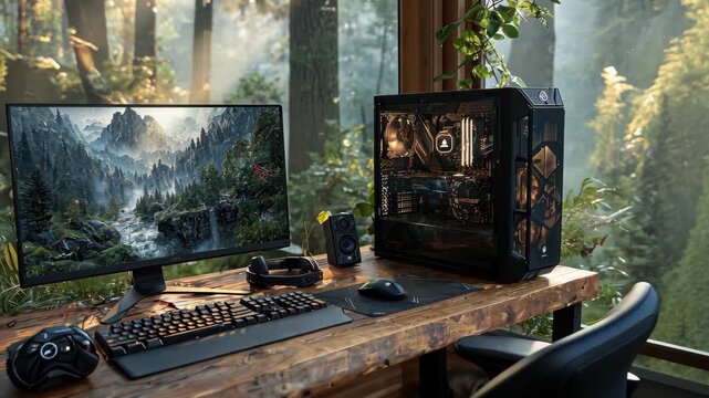 Beautiful workspace with modern computer setup surrounded by lush greenery and natural light streaming through large windows