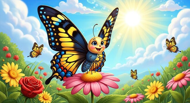 A whimsical cartoon butterfly with a smiling face sits on a flower in a sunny meadow with other butterflies