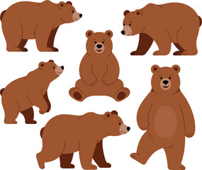 Cartoon brown bear illustrations, cute animal poses, walking bear, sitting bear, standing bear, forest wildlife clipart, character design vector