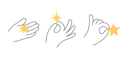 Obraz premium Set of outline hands holding stars. Doodle style. Achievement, awarding, winner concept