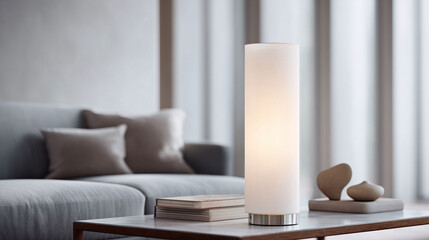 Elegant lamp illuminates a modern living space. Subtle light enhances a sophisticated interior. Ideal for design, lifestyle, and home decor concepts. Serene.