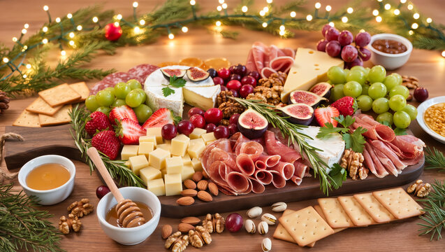 Christmas charcuterie board with assorted cheeses, meats, fruits, nuts and honey on a wooden tray. Festive snack platter for holiday gatherings.