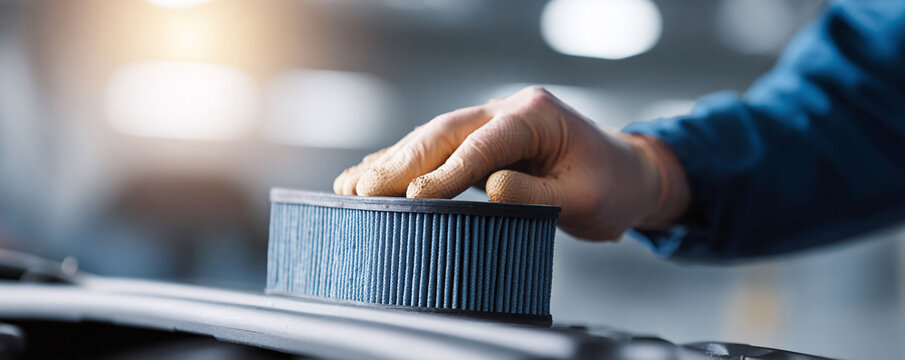 Closeup of mechanics gloved hand placing a new engine air filter. Symbolizing auto care, maintenance,  performance. Ideal for service, repair, or industry themes.