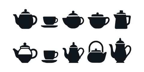 set of black silhouettes of cups icon. Collection of black silhouette teapots and teacups on a white background vector illustration