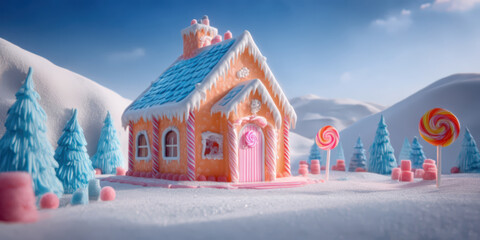 A whimsical gingerbread house in a winter landscape, with candy cane pillars and a roof made of gumdrops