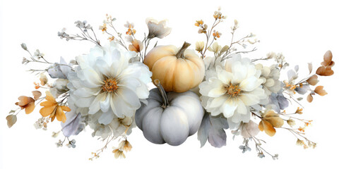 Watercolor painting of pumpkins top view, white soft florals view frame wedding invitation design, with copy space