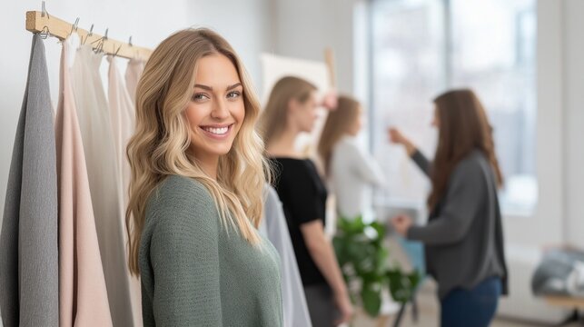 vibrant studio space with a team of people standing around a mood board, pinning up fabric swatches and color samples, brainstorming for a design project - Powered by Adobe