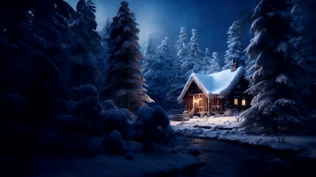 snowy winter night scene with a rustic wooden cabin and illuminated windows.